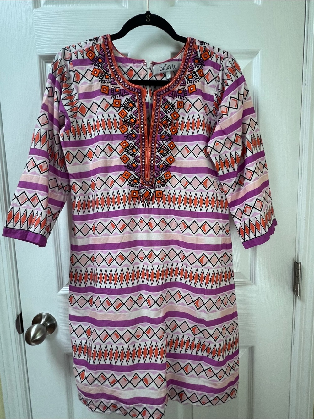 Bella Tu Geometric Tunic Shift Dress With Embroidered Yoke Size Small Preppy